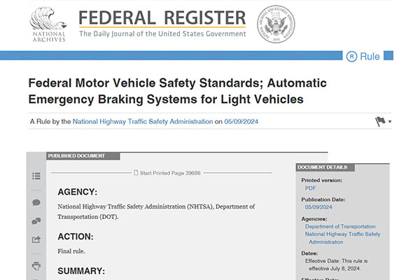 美國(guó)NHTSA發(fā)布輕型車(chē)輛自動(dòng)緊急剎車(chē)系統(tǒng)新規(guī)